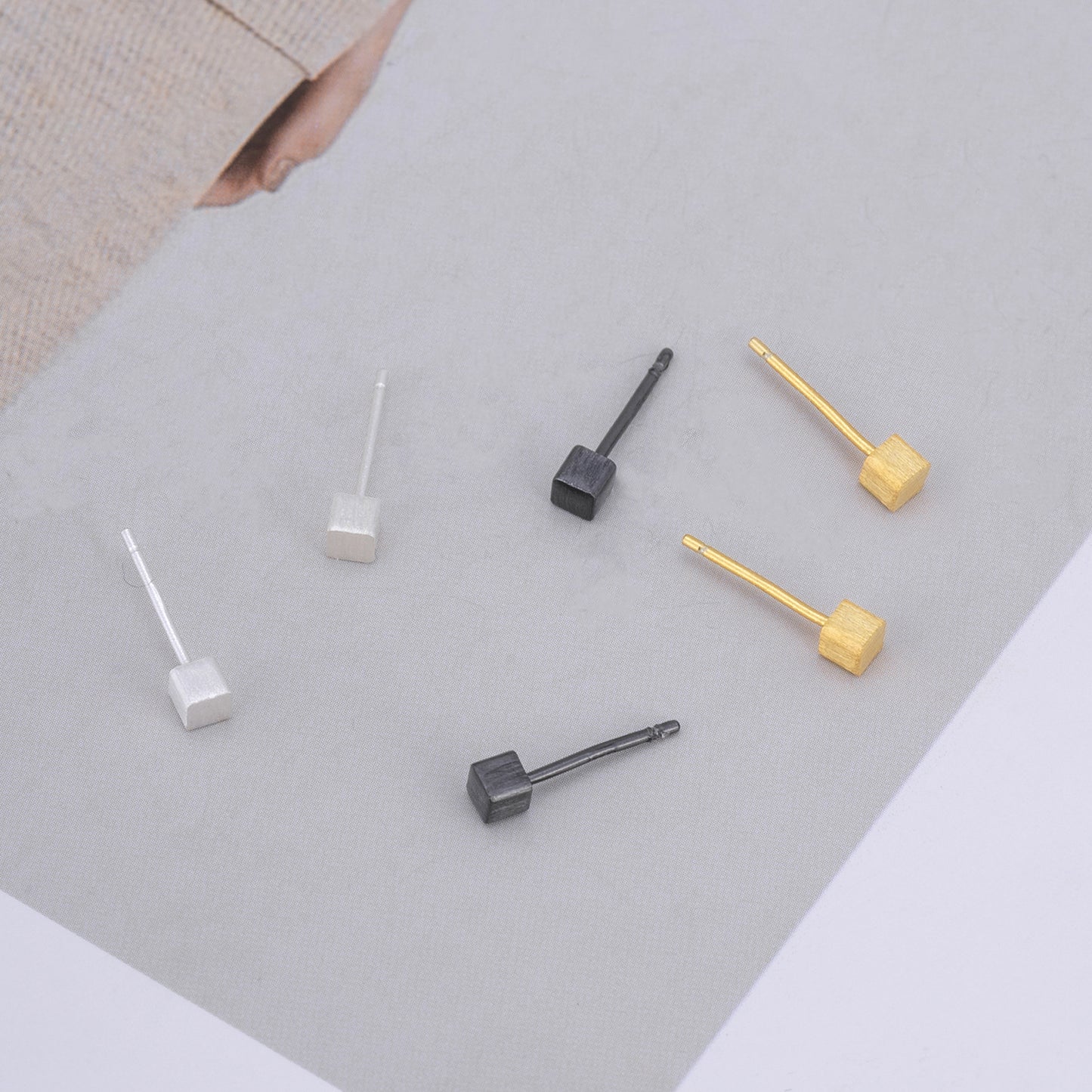 Sterling Silver Square Brushed Small Ear Studs Twin
