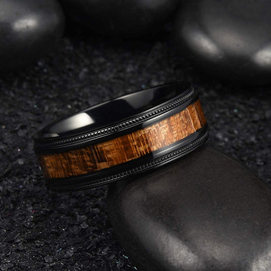 Fashion Creative Black Background Wood Grain Stainless Steel Ring