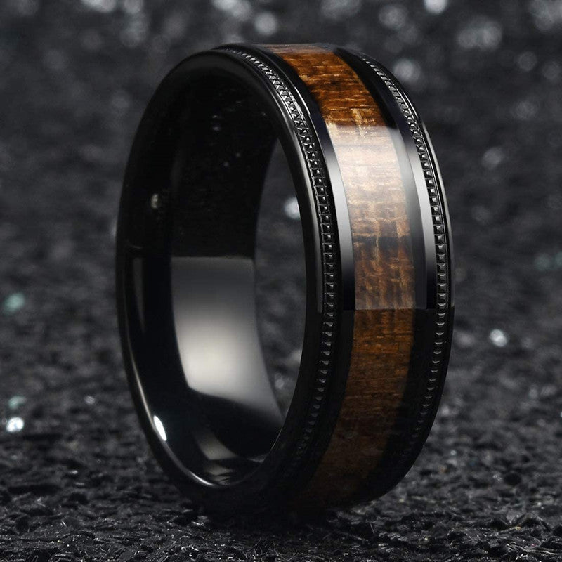 Fashion Creative Black Background Wood Grain Stainless Steel Ring